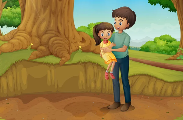 Un padre y su hija en el bosque — Vector de stock