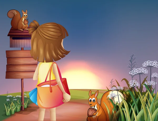 एक कंधे बैग के साथ एक छोटी लड़की — स्टॉक वेक्टर
