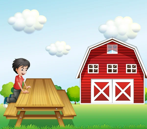 Un garçon à la table près de la grange — Image vectorielle