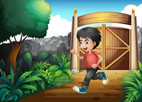 Мальчик в красной рубашке бежит по забору — стоковый вектор
