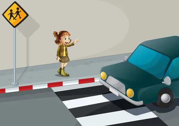 A girl pointing at the car near the pedestrian lane — Stock Vector