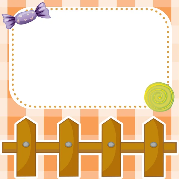 An empty paper note with candies and a wooden fence — Stock Vector