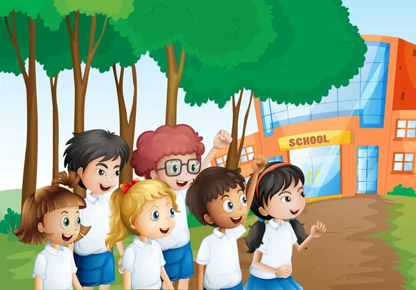 Okul binası önünde altı mutlu öğrenciler — Stok Vektör
