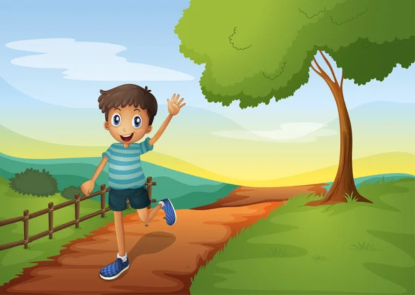 A young boy waving his hand while running — Stock Vector