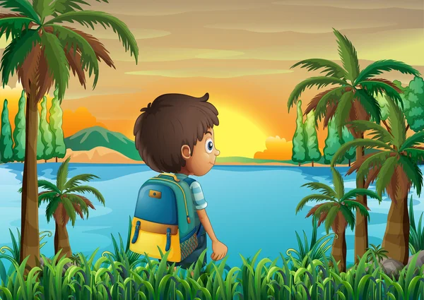 A boy with a bag watching the sunset — Stock Vector