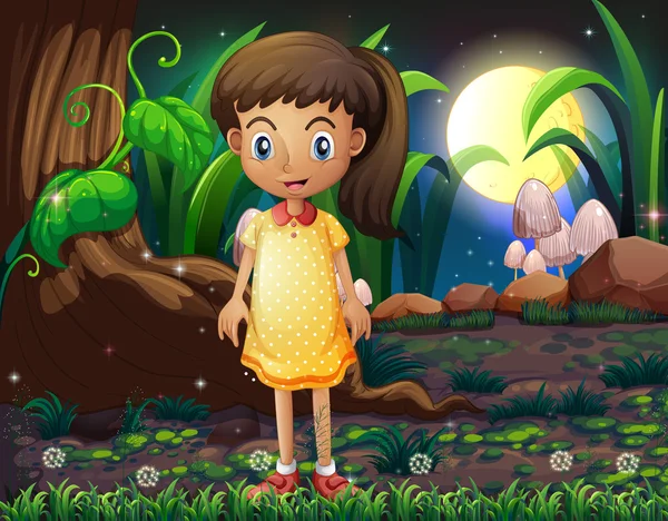 Ein kleines Mädchen im Wald in einem gelb gepunkteten Kleid — Stockvektor