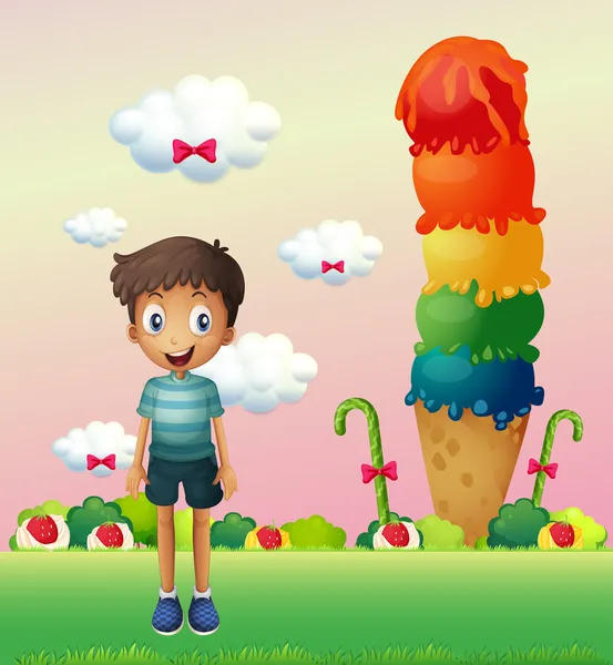 Мальчик, стоящий возле большого мороженого — стоковый вектор