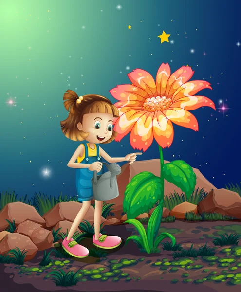 A small girl watering the giant plant — Stock Vector