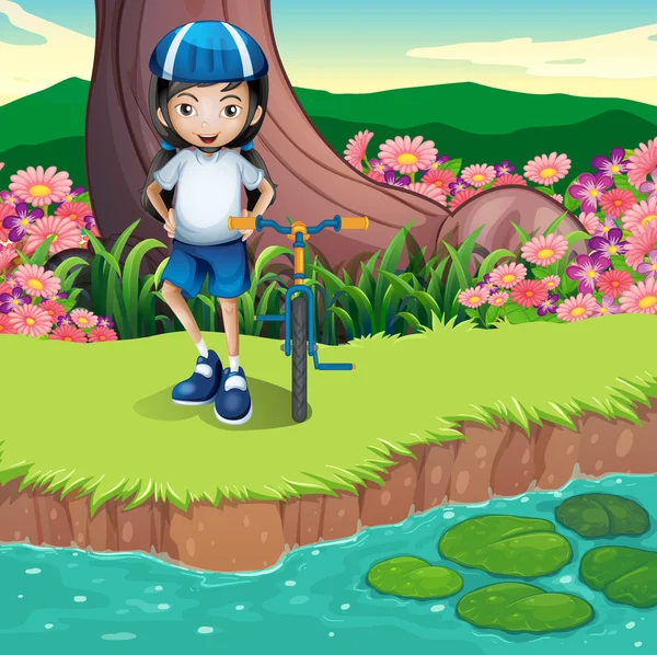 A girl and her bicycle at the riverbank — Stock Vector