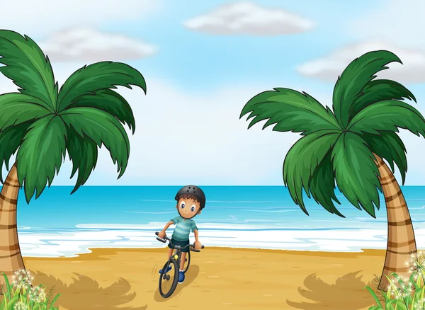 一个男孩在沙滩上骑自行车 — 图库矢量图片