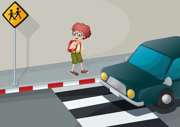 A young boy with a backpack standing near the pedestrian — Stockvector