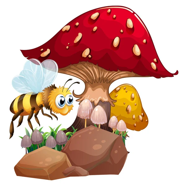一只蜜蜂附近巨大的红色蘑菇 — 图库矢量图片