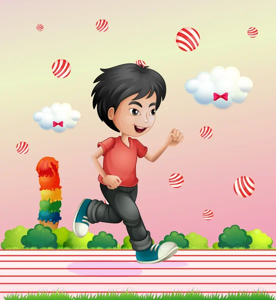 A boy running outside with candy balls — Stock Vector