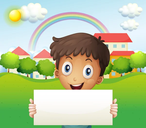 微笑的男孩抱着空纸板 — 图库矢量图片
