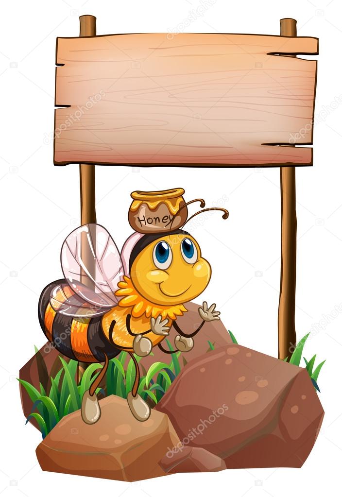 A bee above the rock near the empty signage