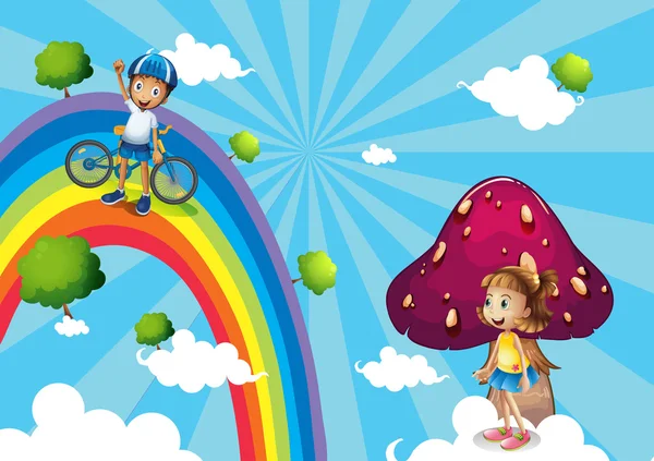 Een jongen fietsen in de regenbogen — Stockvector