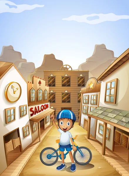 En pojke och hans cykel nära saloon-bar — Stock vektor