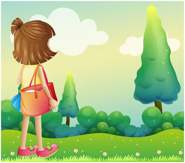 A girl with a bag at the hilltop — Stock Vector