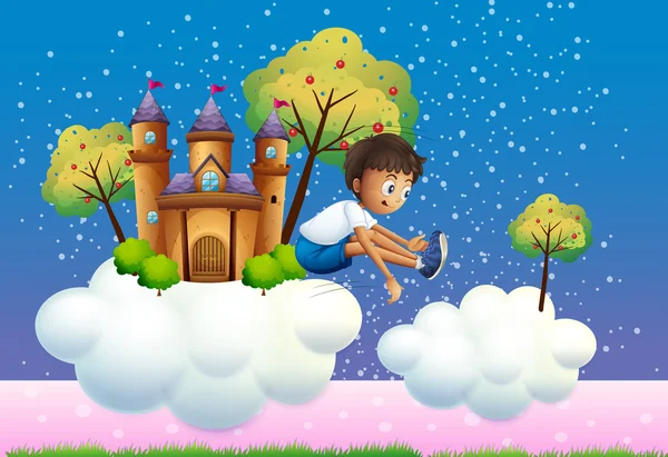 Un niño saltando cerca del castillo — Vector de stock