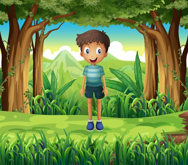 Un niño sonriente en el bosque — Vector de stock