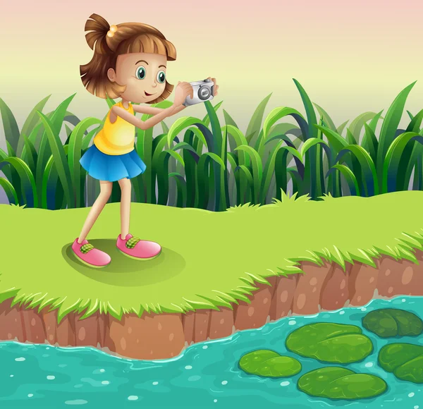 一个女孩在池塘里拍照 — 图库矢量图片