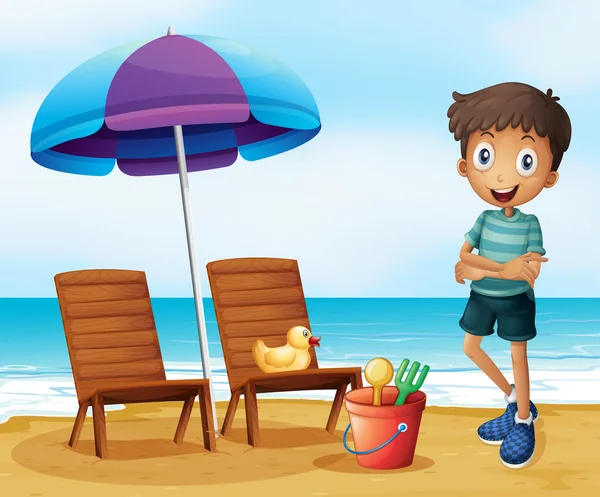 A young boy at the beach near the wooden chairs — Stock Vector