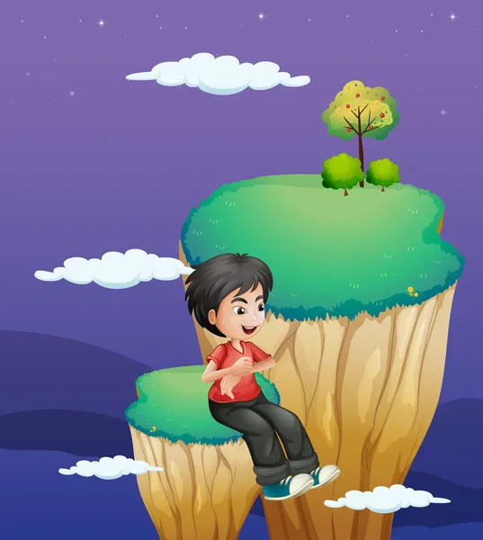 A boy waiting for someone at the topmost part of a landform — Stock Vector