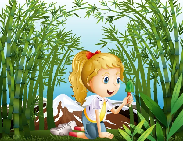 A girl with a green shovel kneeling in the rainforest — Stock Vector