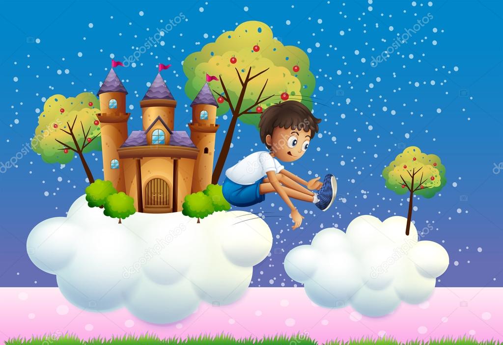 A boy jumping near the castle