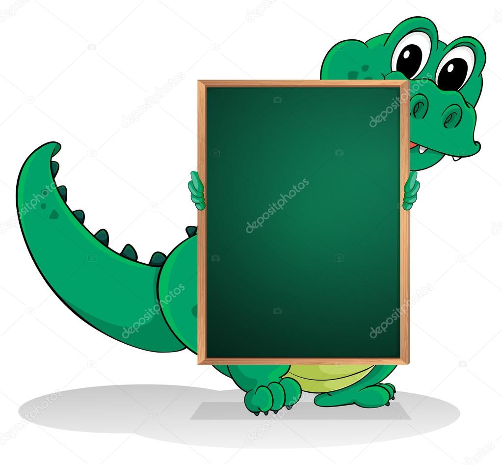 A small crocodile at the back of an empty greenboard