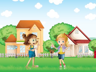 yerdeki evlerinin önünde oynayan iki genç bayan