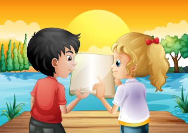 ahşap tramplen iki genç boş bir okuma kitabı