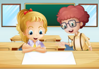 bir kız ve bir erkek classro içinde boş tabela izlerken