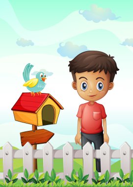 bir çocuğa bir kuş ve ahşap bir arrowboard ile pethouse