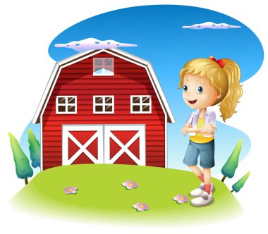 tepenin içinde kırmızı barnhouse önünde bir kız