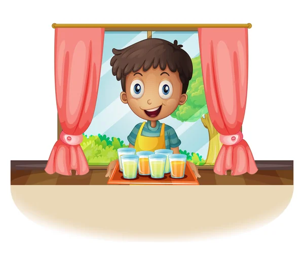 A boy holding a tray of juice — Stock Vector