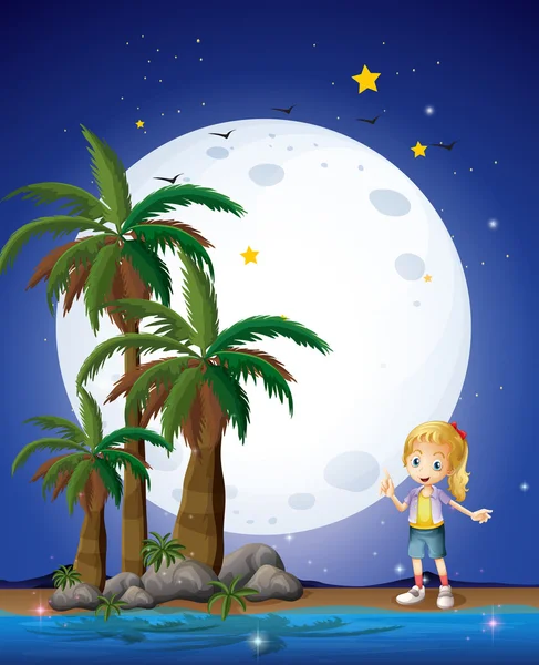 A girl at the beach under the bright fullmoon — Stock Vector