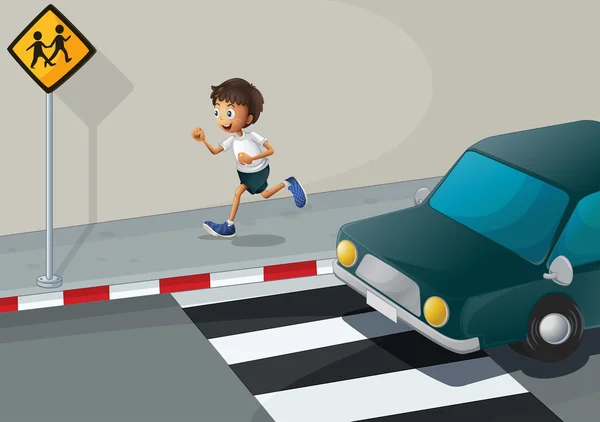 A man running at the road with a car — Stock Vector