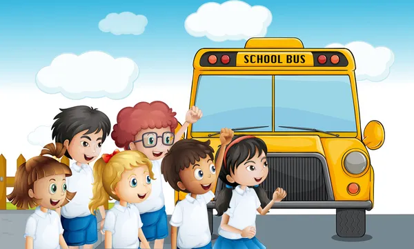 Молоді студенти чекають на шкільний автобус — стоковий вектор