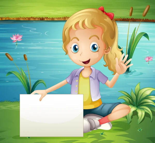 A girl at the pond holding an empty signboard — Stock Vector