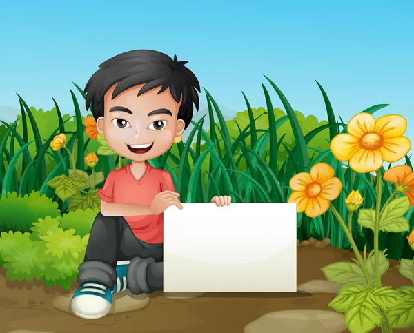 Улыбающийся мальчик с пустыми вывесками в саду — стоковый вектор