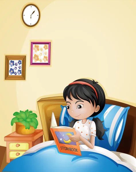 Μια νεαρή κοπέλα ανάγνωση ένα storybook στο κρεβάτι της — Διανυσματικό Αρχείο