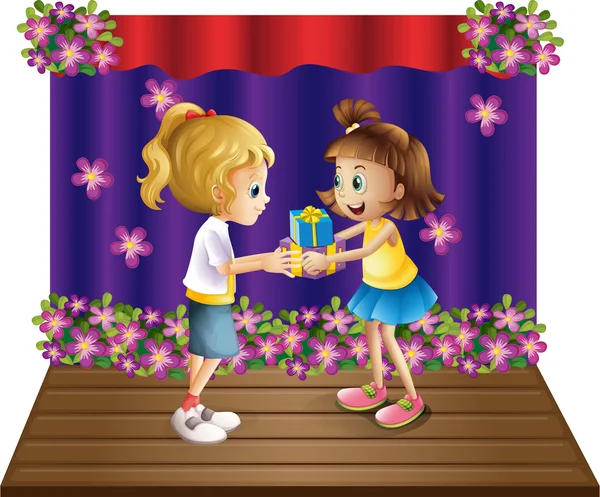 Uma menina dando presentes para seu amigo — Vetor de Stock