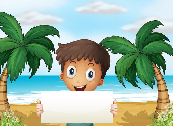 Bir çocuk sahilde bir gülümseme ile boş bir tabela holding — Stok Vektör