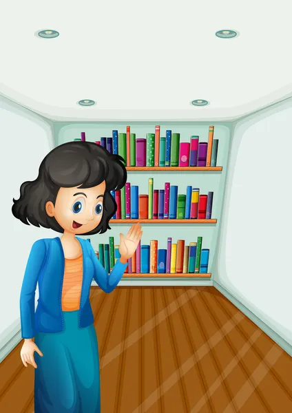 A teacher presenting the books in the bookshelves — Stock Vector