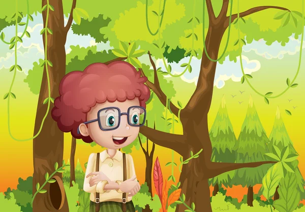 Kudrnatý kluk v lese poblíž stromů — Stockový vektor