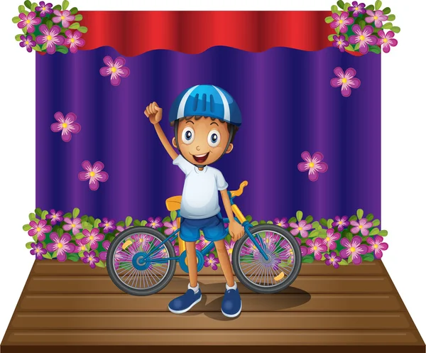 Un garçon et son vélo au centre de la scène — Image vectorielle