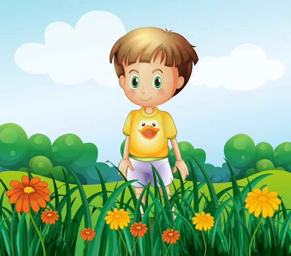 A young boy in front of the garden at the hilltop — Stock Vector