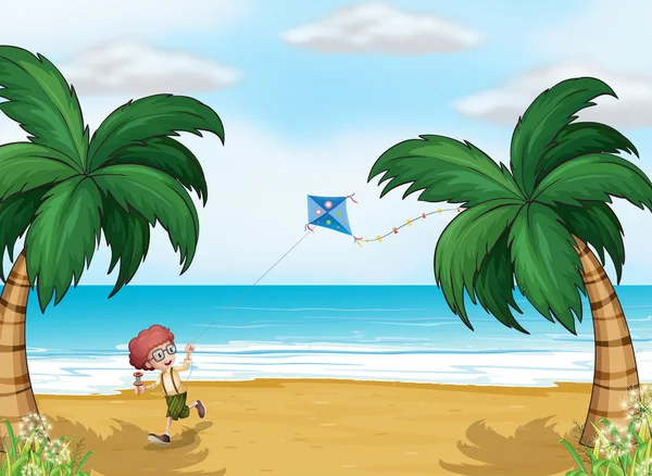 Un jeune garçon joue avec son cerf-volant à la plage — Image vectorielle