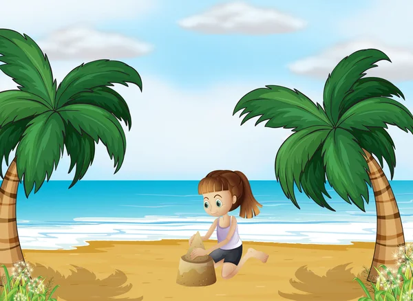 一个年轻的女孩，形成在海滩上的沙子城堡 — 图库矢量图片